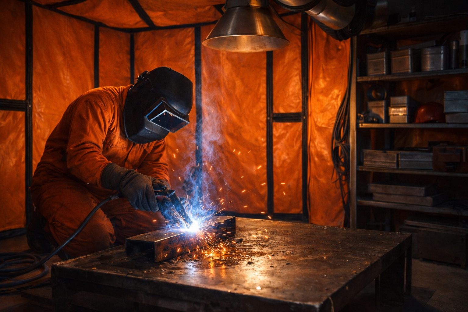 Worker performing welding inside a welding habitat enclosure with fireproof protection