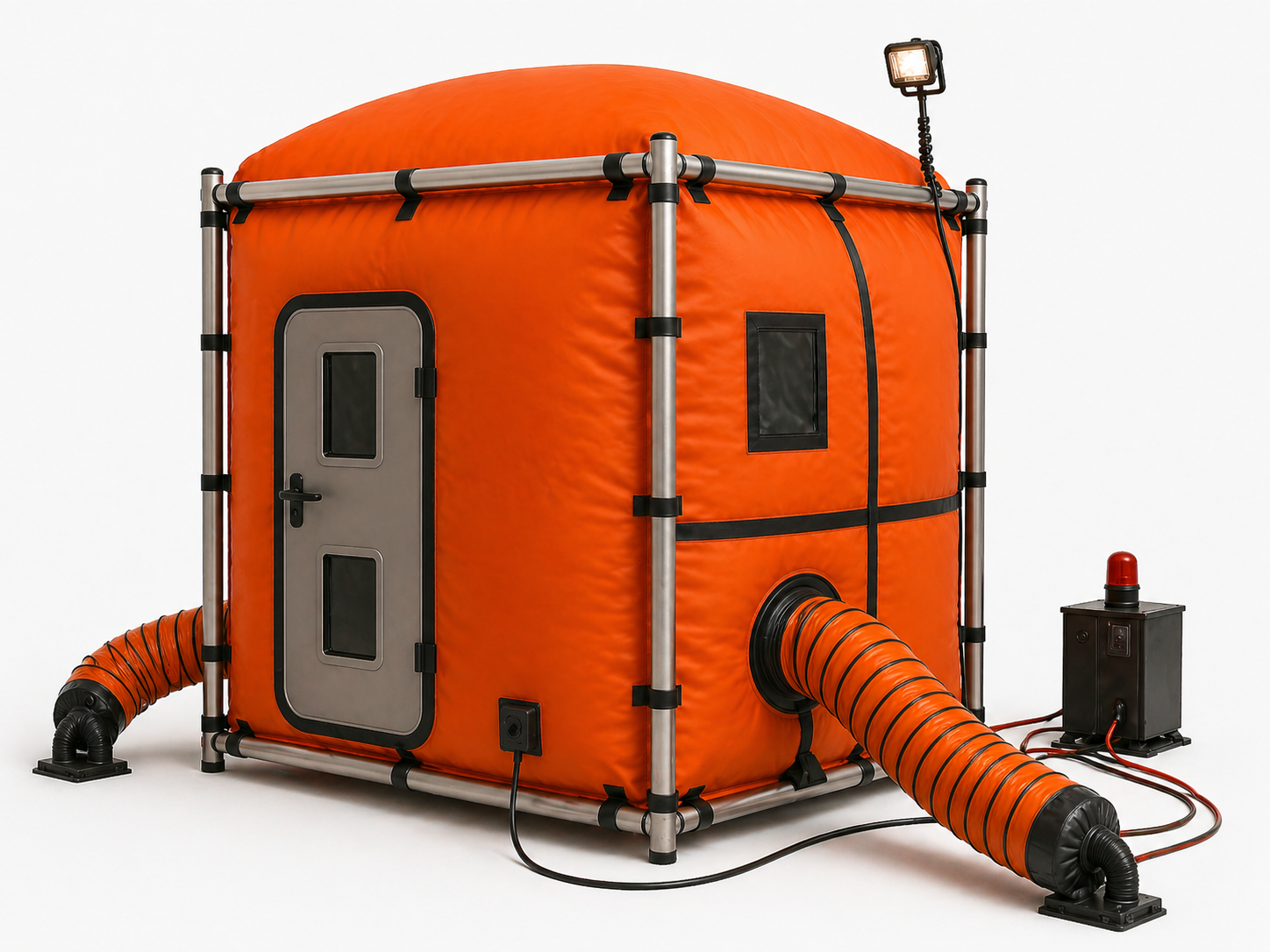 An orange inflatable welding habitat system with a rounded top, silver tubular frame, and black straps. The system features a gray door with windows, flexible ventilation ducts, a control box with a red warning light, and power cables on the floor.