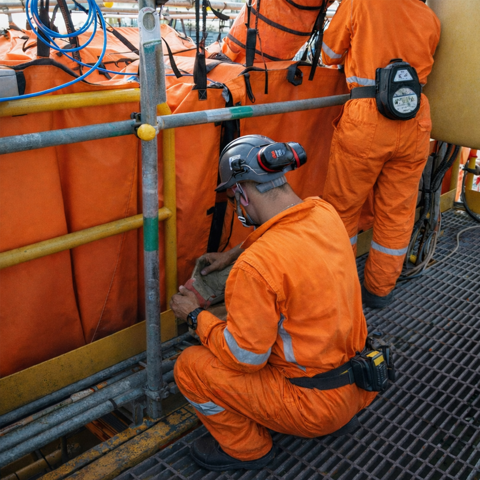 Workers installing a welding habitat system structure at an industrial job site for safe welding operations
