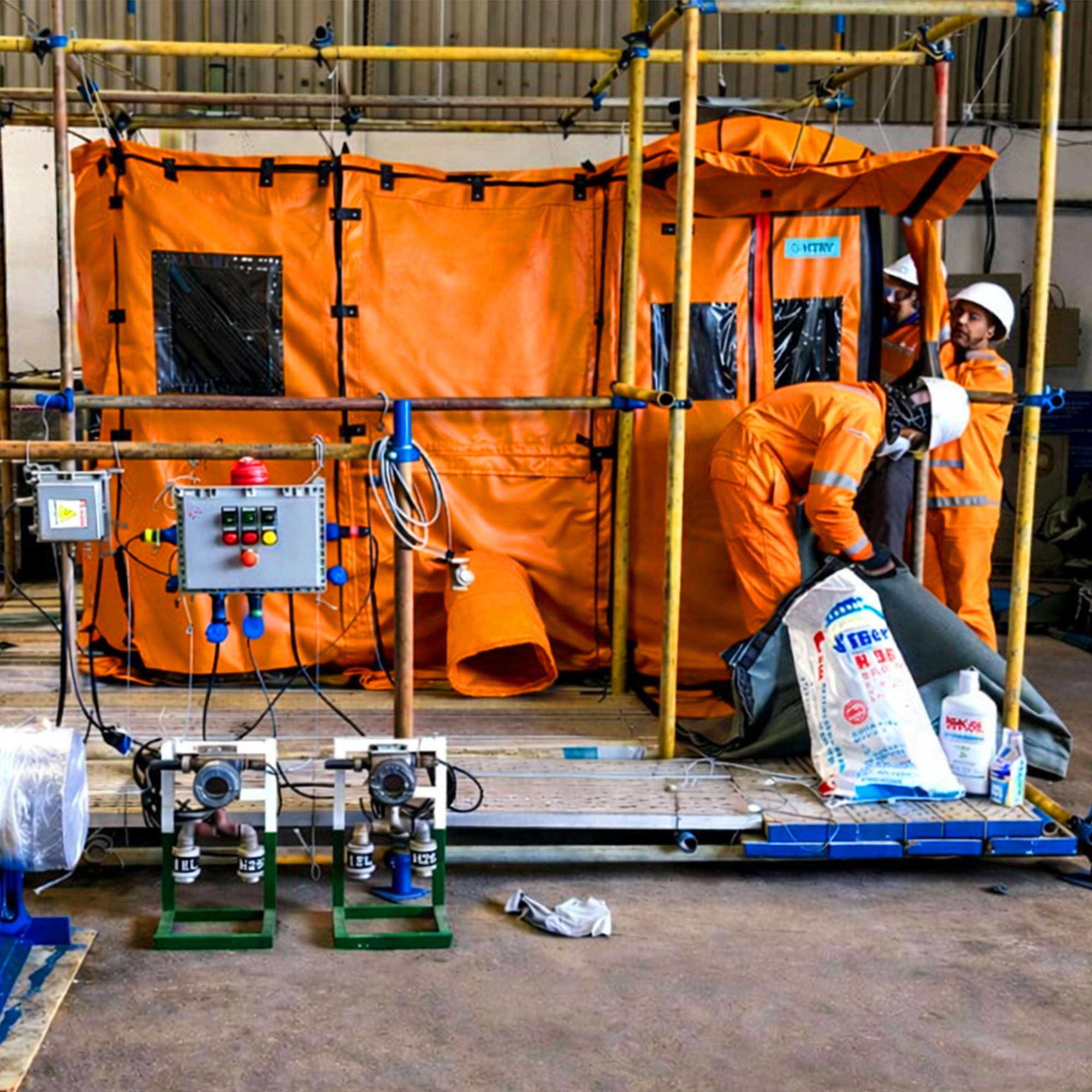Workers installing a welding shelter indoors for safe welding operations