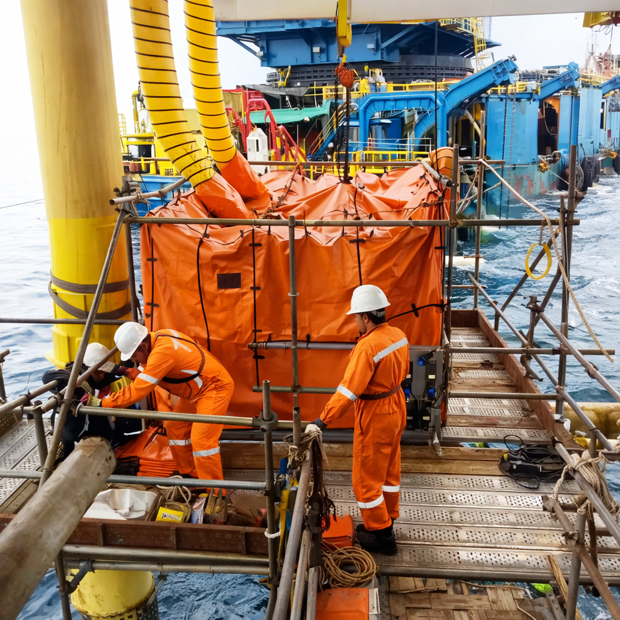 Workers setting up a welding habitat system for an offshore project