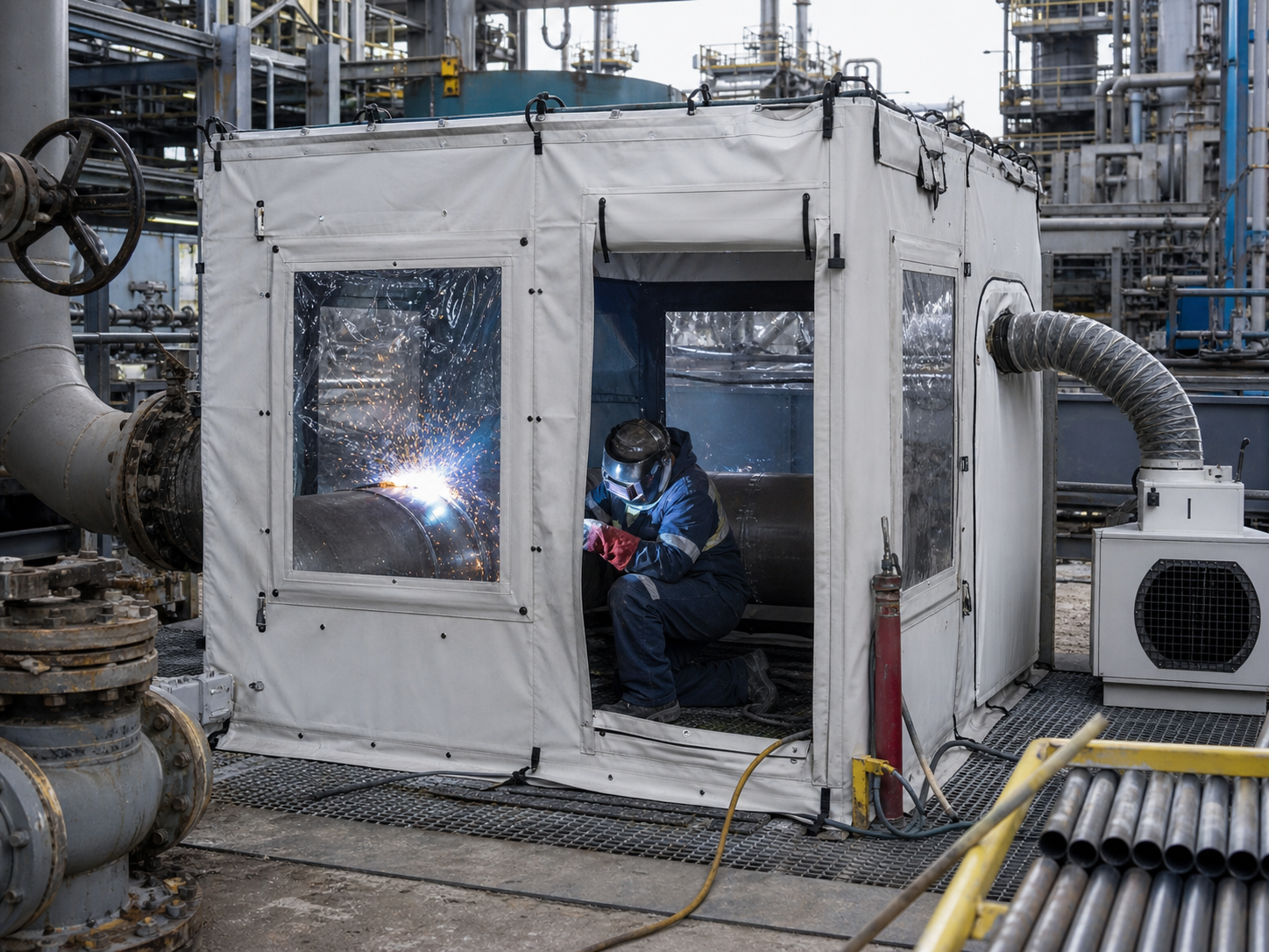 Welder performing hot work inside a pressurized welding enclosure at an industrial plant, with welding sparks contained by flame-retardant panels and positive-pressure ventilation equipment.
